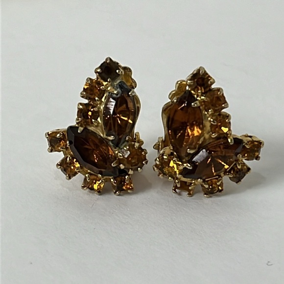 Vintage Gold Tone Brown Orange Marquee Rhinestones Clip On Earrings OS - Picture 3 of 8